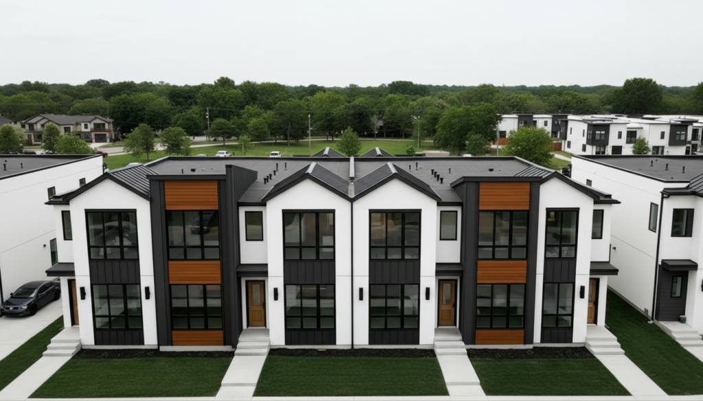 Aerial view shows modern white townhouses with black trim and wood accents, representing efficient hvac in calgary canada for comfortable living