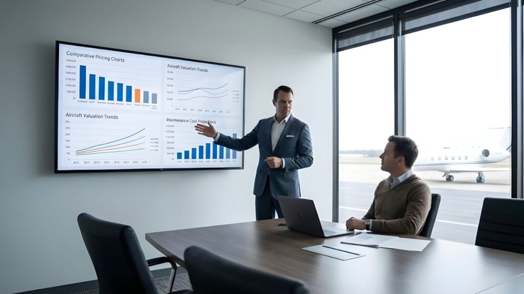A businessman presents charts about aircraft maintenance, potentially related to hvac in calgary canada, to a seated colleague near a private jet
